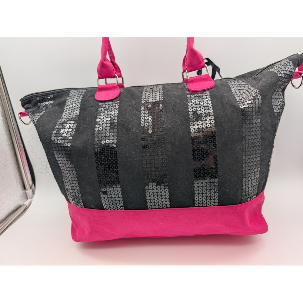 Victoria's Secret Black Pink Sequin Stripe Canvas Tote Bag Large Zip Top Charm - Picture 2 of 10